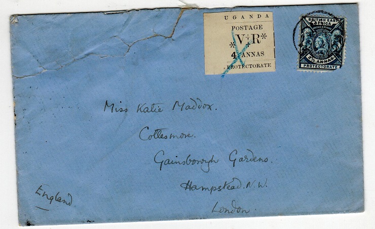 UGANDA - 1898 combination cover to UK with 4a showing SMALL O IN POSTAGE variety.