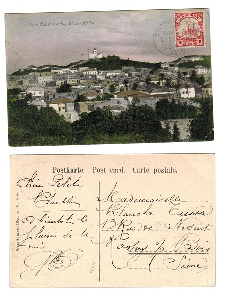 CAMEROONS - 1909 10pfg rate postcard to France with SEEPOST/HAMBURG cancel.