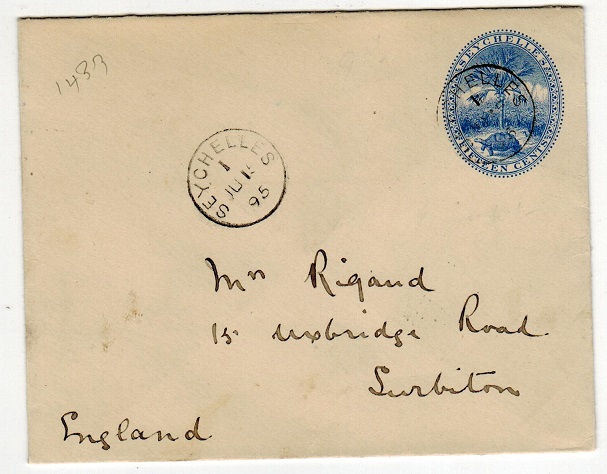 SEYCHELLES - 1895 15c PSE to UK with SEYCHELLES rural 