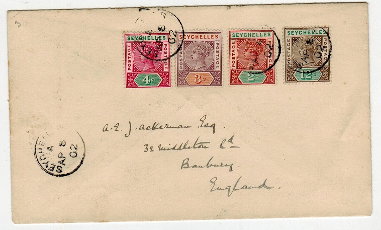 SEYCHELLES - 1902 multi franked cover to UK.