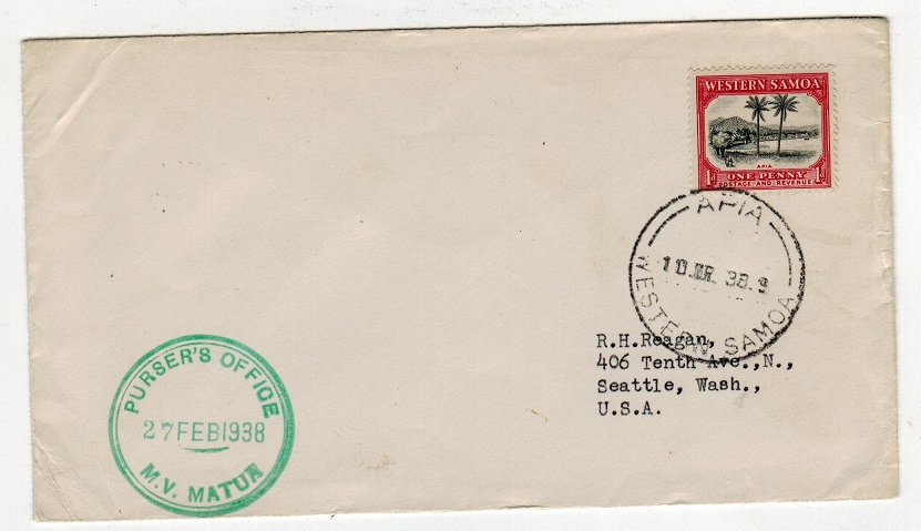 SAMOA - 1938 1d rate M.V.MATUN maritime cover to USA.