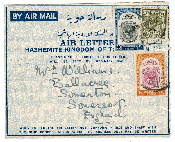 TRANSJORDAN - 1950 use of blue on white FORMULA air letter addressed to UK.  