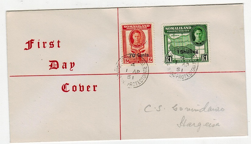 SOMALILAND - 1951 70c and 1/- surcharge first day cover with HARGEISA 