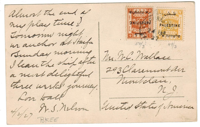 PALESTINE - 1927 7m rate postcard to USA cancelled HAIFA KANTARA TPO SOUTH.