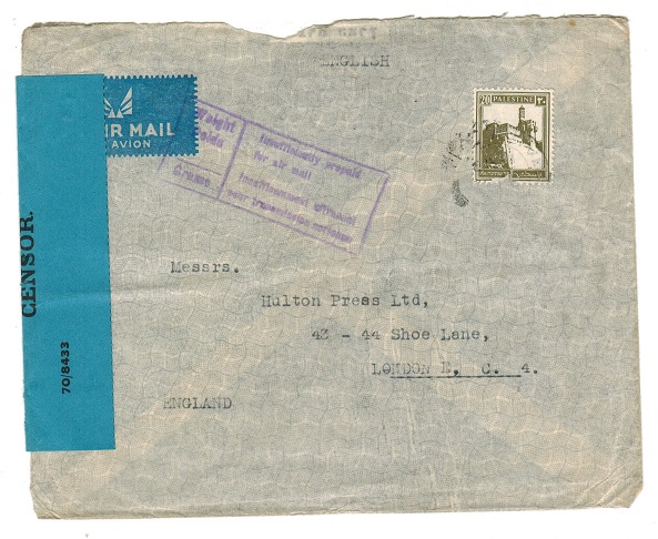 PALESTINE - 1942 censor cover to UK with INSUFFICIENTLY PREPAID handstamp applied.