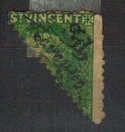 ST.VINCENT - 1882 3d black on half 6d green BI-SECT overprinted REVENUE.