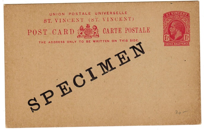 ST.VINCENT - 1923 1 1/2d PSC unused overprinted SPECIMEN.  H&G 11.
