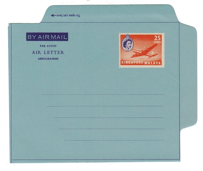 SINGAPORE - 1956 25c PS air letter unused.  H&G 7.