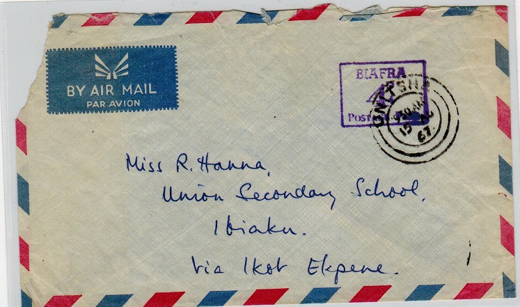 BIAFRA - 1967 4d violet BIAFRA/POSTAGE PAID h/s cover used at ONITSHA.