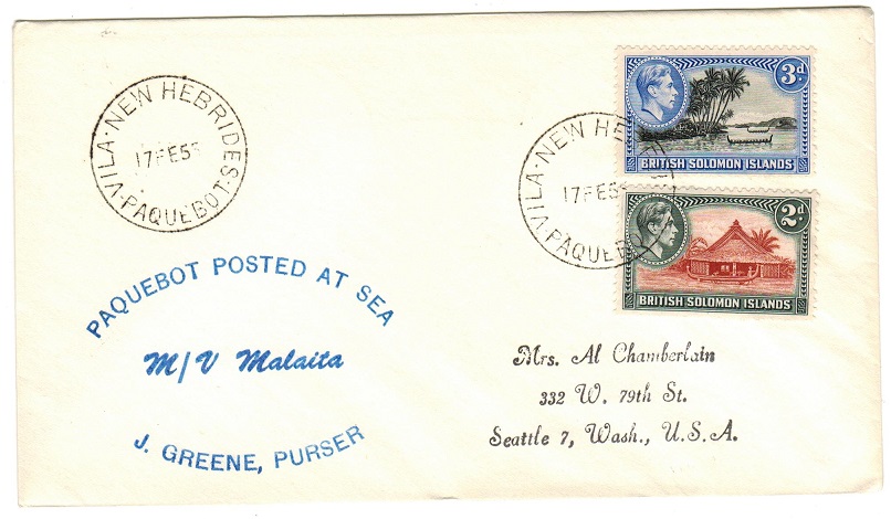 NEW HEBRIDES - 1955 M.V.MALAITA maritime cover to USA with NEW HEBRIDES/PAQUEBOT cancel.