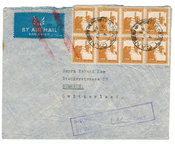 PALESTINE - 1946 INSUFFICIENTLY PRE-PAID cover to Switzerland used at RAMAT.