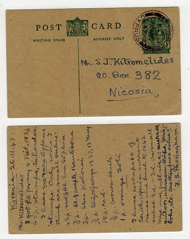 CYPRUS - 1938 1/2p green PSC to Nicosia used at KYRENIA.  H&G 24.