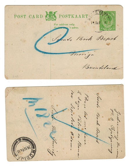 BASUTOLAND - 1917 1/2d South Africa PSC used at TEYATEYANENG with likely manuscript censor mark.