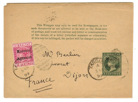 MOROCCO AGENCIES - 1898 5c green stationery wrapper uprated to France at TANGIER.  H&G 2.