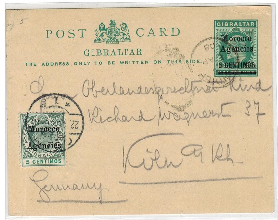 MOROCCO AGENCIES - 1904 5c on 1/2d PSC uprated to Germany and used at TANGIER.  H&G 11.