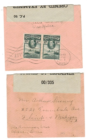 GOLD COAST - 1945 censored cover to USA with OBE/00/335 label used at ACCRA.