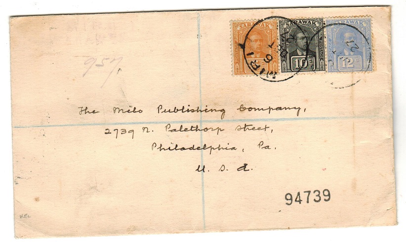 SARAWAK - 1927 registered cover to USA used at MIRI.