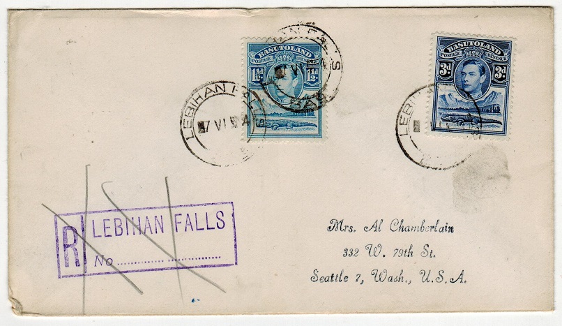 BASUTOLAND - 1954 4 1/2d rate registered cover to USA used at LEBIHAN FALLS.