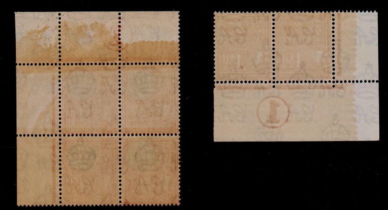 MALTA - 1930 1 1/2d (SG 196) + 4d (SG 200) showing PLATE 1 numbers in margin.