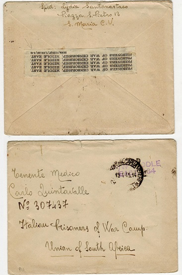 K.U.T. - 1945 inward stampless censor cover from Italy to Prisoner of War.