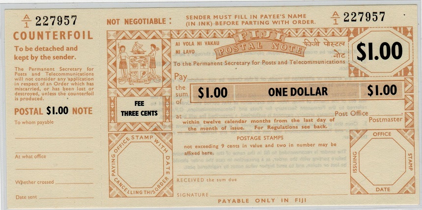 FIJI - 1970 (circa) $1+3c FIJI POSTAL NOTE unused.