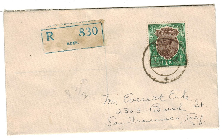 ADEN - 1936 1r rate registered cover to USA used at ADEN.