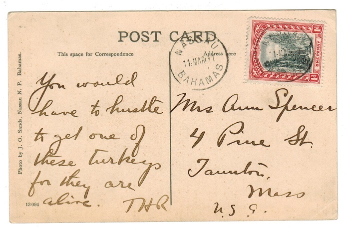 BAHAMAS - 1911 1d rate postcard to USA used at NASSAU.