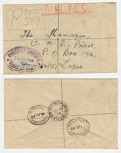 NIGERIA - 1948 stampless registered cover to Lagos used at OWO.