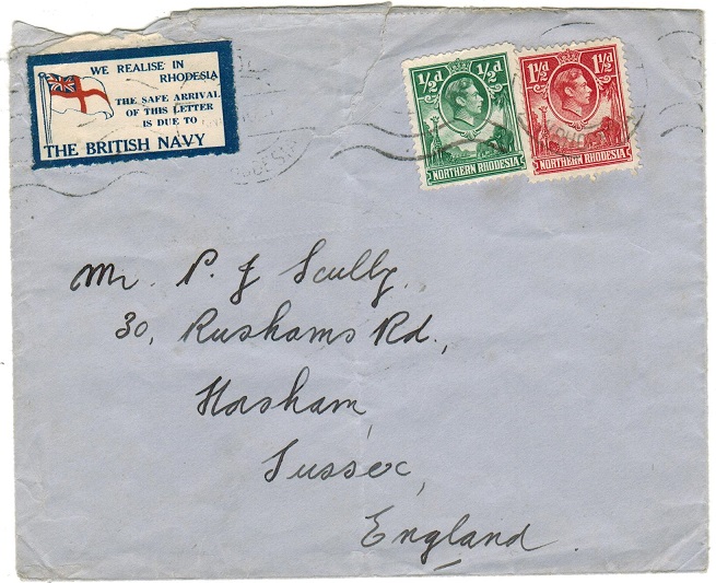 NORTHERN RHODESIA - 1940 (circa) cover to UK with tied patriotic THE BRITISH NAVY label.