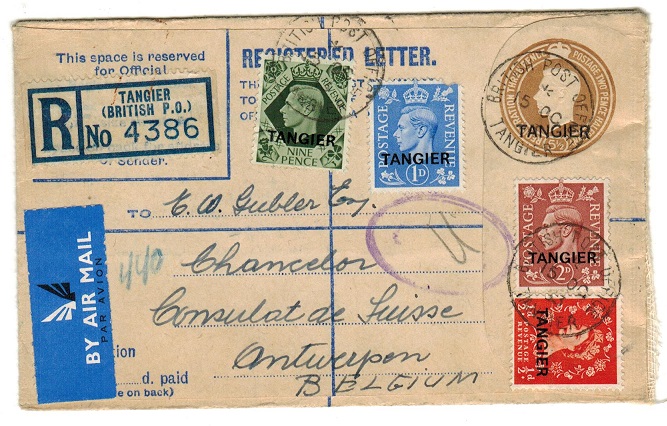 MOROCCO AGENCIES - 1950 5 1/2d brown RPSE uprated and used to Belgium.  H&G 10.