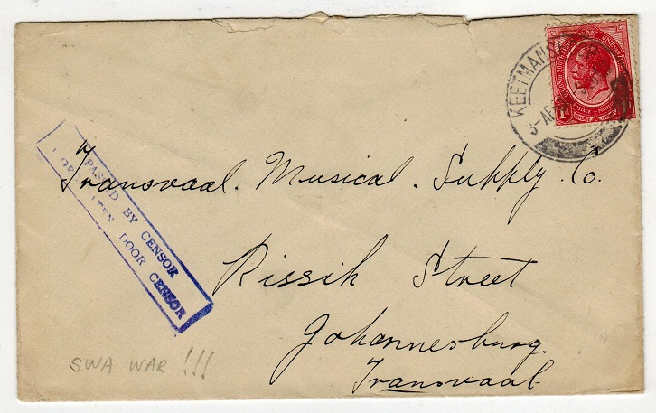 SOUTH WEST AFRICA - 1916 censored cover to Transvaal used at KEETMANSHOOP.