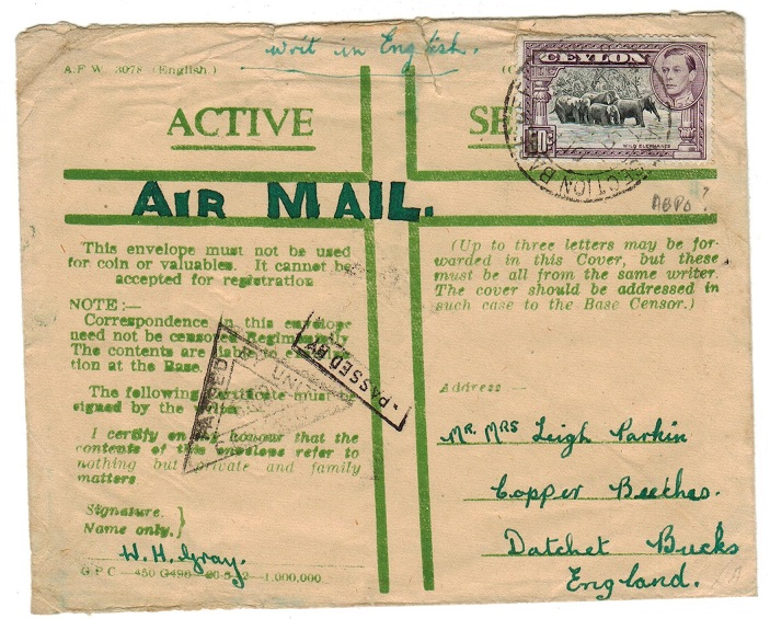 CEYLON - 1940 (circa) use of ACTIVE SERVICE green cross military envelope to UK.