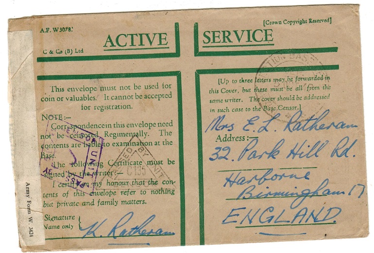 CEYLON - 1942 use of ACTIVE SERVICE green cross military envelope to UK with scarce 
