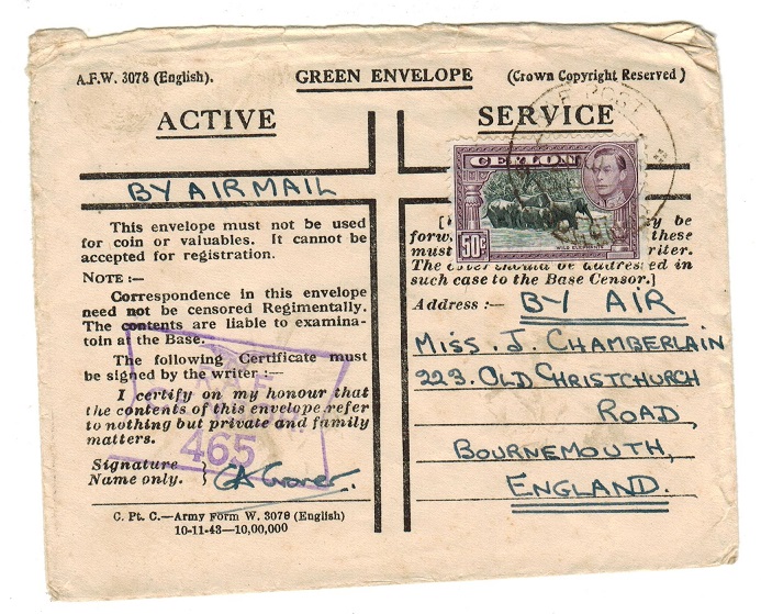 CEYLON - 1940 (circa) use of ACTIVE SERVICE green cross envelope to UK by RAF.