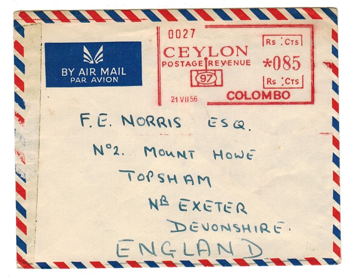 CEYLON - 1956 Rs0.85ct COLOMBO meter mark cover to UK.