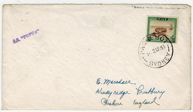 NIUE - 1953 S.S.TOFUA maritime cover to UK.