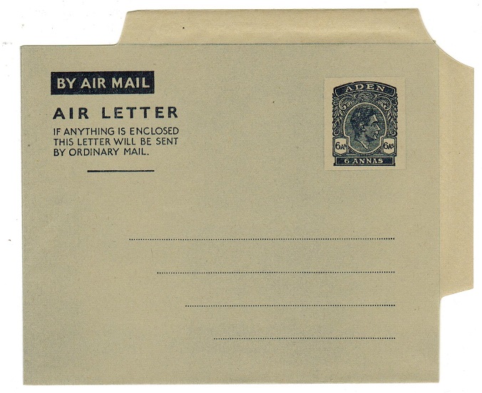 ADEN - 1949 6a postal stationery air letter unused with FRAME BREAK VARIETY.  H&G 1.