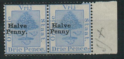 ORANGE FREE STATE - 1896 HALFPENNY on 3d U/M marginal pair with NO STOP variety.  SG 78