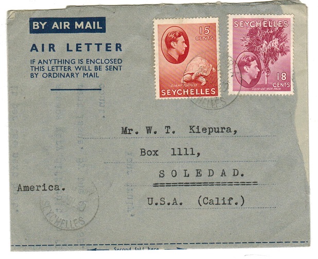SEYCHELLES - 1949 use of FORMULA air letter to USA.