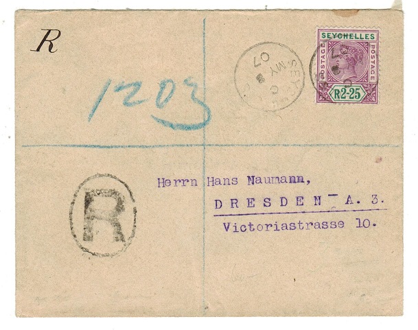 SEYCHELLES - 1907 registered cover to Germany with QV R2.25 adhesive late use.