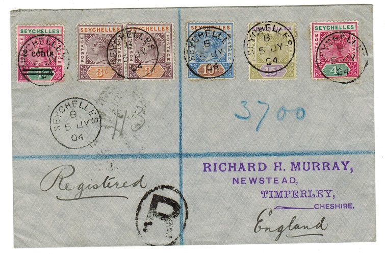 SEYCHELLES - 1904 registered cover to UK with multiple QV franking including 2c on 4c. 