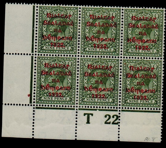 IRELAND - 1922 9d olive green fine mint T 22 (P) plate block of six.  SG 41.