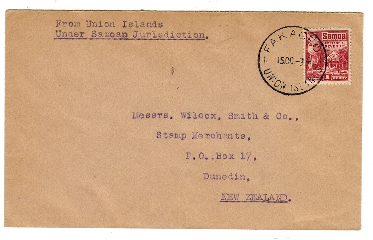 TOKELAU - 1934 1d rate cover to New Zealand used at FAKAOFO/UNION ISLANDS.