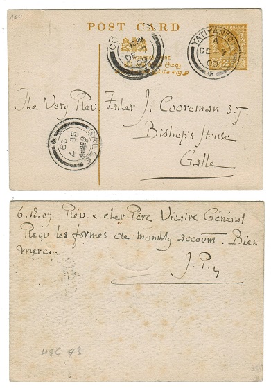 CEYLON - 1906 2c olive yellow on white PSC to Galle used at YATIYANTOTA.  H&G 43.