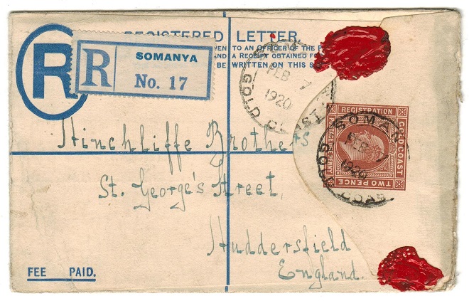 GOLD COAST - 1904 2d+2d RPSE to UK used at SOMANYA.  H&G 8.