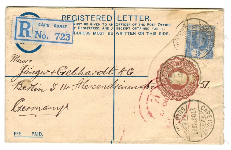 GOLD COAST - 1924 3d  RPSE to Germany uprated and used at CAPE COAST.  H&G 11c.