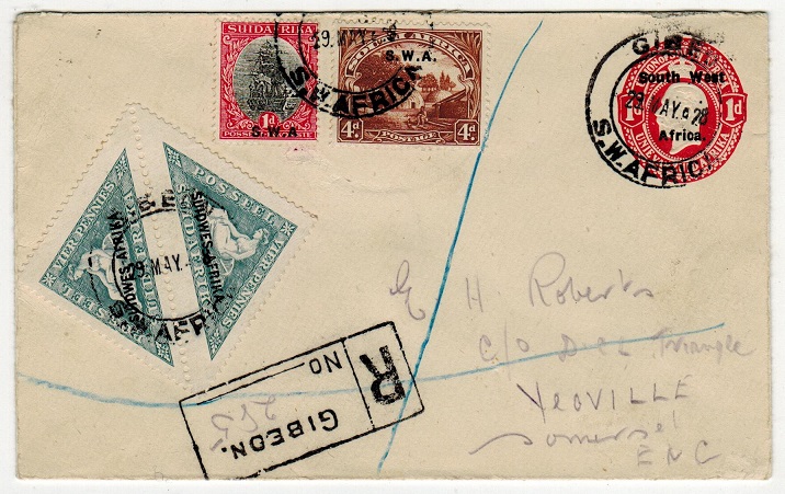 SOUTH WEST AFRICA - 1923 1d PSE (H&G 3a) uprated to UK and registered at GIBEON.