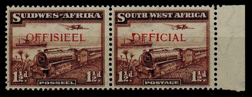 SOUTH WEST AFRICA - 1938 1 1/2d official pair unmounted.  SG 017.