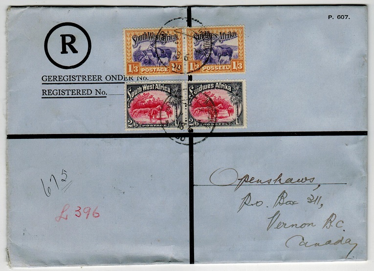 SOUTH WEST AFRICA - 1930 registered cover to Canada with 1/3d+2/6d 