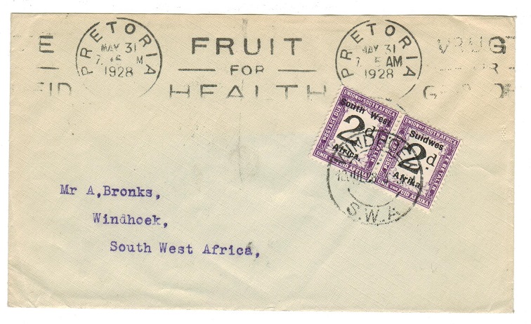 SOUTH WEST AFRICA - 1928 local stampless cover with 2d 